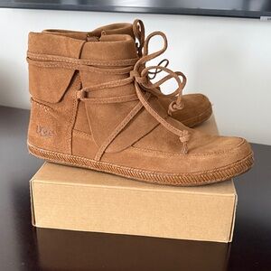 UGG Tan Suede Ankle Booties with Wraparound Laces